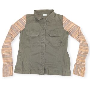 Columbia Medium Green Gray Button Southwest Sleeve Shacket Army Jacket Hand Pock